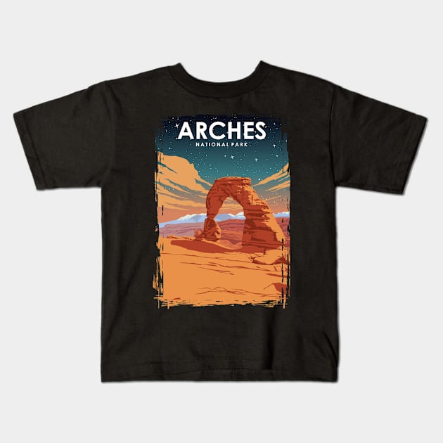 Arches National Park at Night Vintage Minimal Retro Travel Poster Kids T-Shirt by jornvanhezik